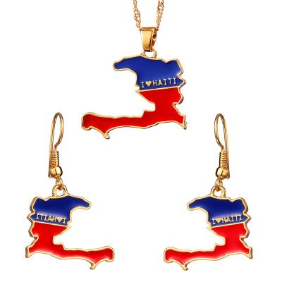 China Ethlyn 24K Ethnic Gold Plated Haiti Map Flag Earrings Necklaces Jewelry Sets For Women Haiti Jewelry Celebration Patriotic Gift S219 for sale