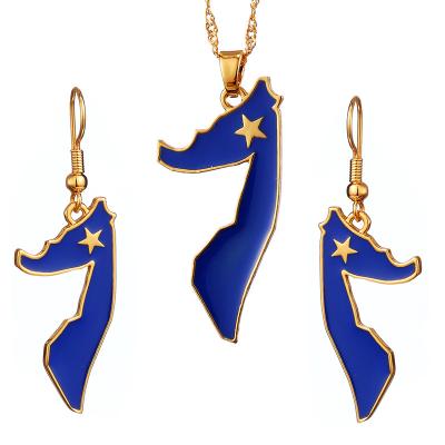 China Ethlyn Somalia Ethnic Map 24K Gold Plated Jewelry Sets For Girls Oil Drop Somalia Country Flag Earrings Blue Pendant S272 for sale