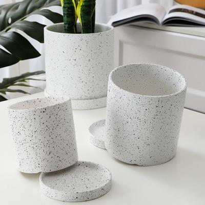 China Office Table Cylinder Eco-friendly Matte Splatter Paint Ceramic Indoor Plant Pot With Tray Saucer for sale