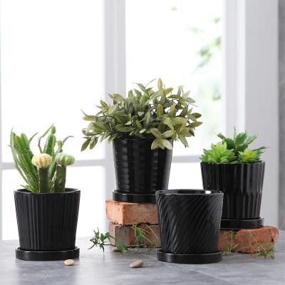 China Eco-friendly Cheap Black White Line Desktop Flower Pot With Tray Nordic Succulent Ceramic Indoor Plant Pot for sale