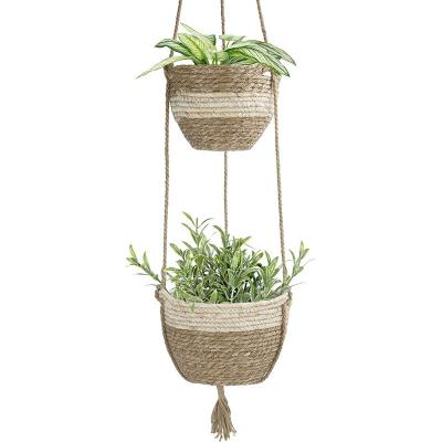 China Modern outdoor hanging flowerpot, natural seaweed basket, indoor plant flowerpot, gray beige flower basket hanging wickerwork for sale