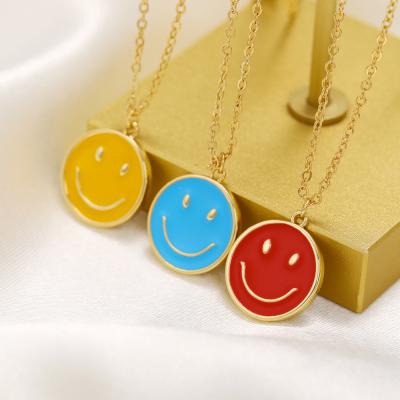 China TRENDY Wholesale 18k Gold Plated Real Gold Plated Face Clavicle Colorful Smile Pendant Necklace 14mm for sale