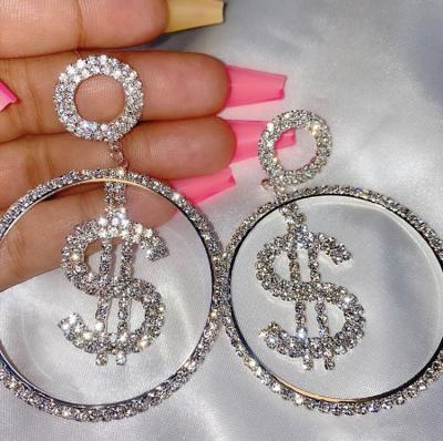 China New FASHIONABLE design exaggerated large round dollar sign ladies earrings rhinestone earrings for sale