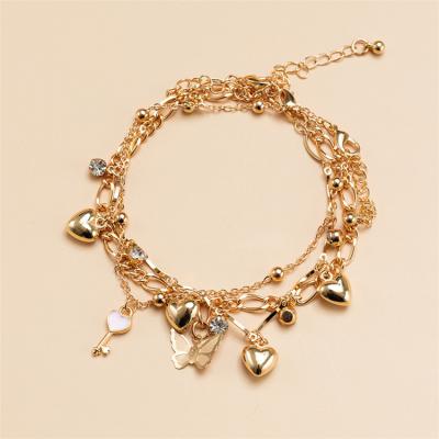 China Wholesale FASHIONABLE Butterfly Three Heart Anklet Layered Zircon Gold Heart Fashion Anklet for sale