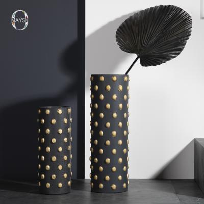 China Art Decor Contemporary Black Cylinder Vase Ceramic Tall Pillar Luxury Vase With Gold Polka Dot Design Unique Vases For Home Decor for sale