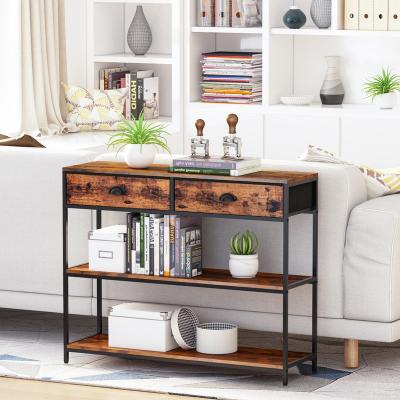 China Hot Selling KD Metal Wood Hallway Modern Black Industrial Single Layer Drawer Partition Home Console Table With 2 Drawers for sale