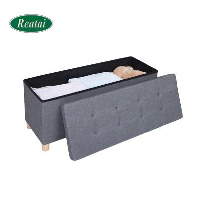 China Factory Gray Indoor Folding Foot Rest Storage Stools Chest Storage Ottoman Dark Canvas Bench Foldable Storage Ottoman With Tray for sale