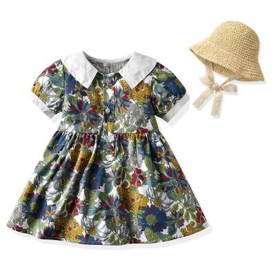 China Anti-Wrinkle Summer Outdoor Floral Print Suits Babies Candy Skirt Suits Dress Anti-Wrinkle Kids Sportswear One-Piece Dress With Hats for sale