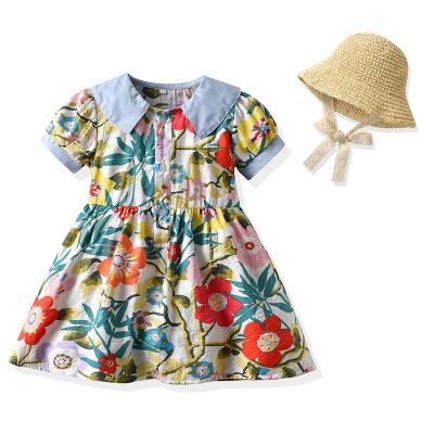 China Anti-Wrinkle Summer Outdoor Floral Print Suits Babies Candy Skirt Suits Dress Anti-Wrinkle Kids Sportswear One-Piece Dress With Hats for sale