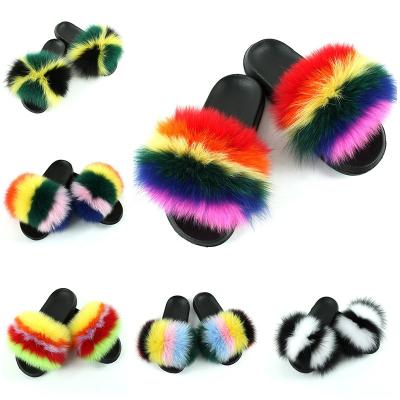 China Fox Waterproof 2020 Wholesale Multicolor Waterproof Women Flat Outdoor Slippers Lady Fancy Slides Sandals Summer OEM Fur Sandals New / Raccoon Furs for sale