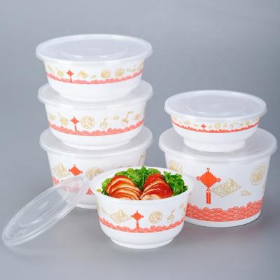 China Contemporary Stocked Chinese Style Printing Disposable Food Bowl Bento Food Box pp Material Plastic Takeaway Noodle Bowls With Lid for sale