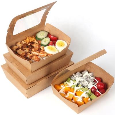 China Disposable Disposable Brown Paper Box With Window Salad Fried Chicken Barbecue Rice Bento Fast Food Paper Lunch Takeout Containers for sale