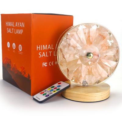 China Himalayan Salt Base Wooden Crystal Natural Salt Lamp Light Modern Rheostat RGB Remote Control Light for sale