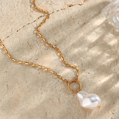 China Vintage Irregular Freshwater Pearl Pendant Necklace For Women Gold Plated Chain Stainless Steel Bamboo Necklace for sale