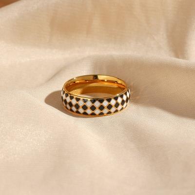 China Thin Vintage Enamel Ring Black And White Checkered Enamel Gold Plated Stainless Steel Ring for sale