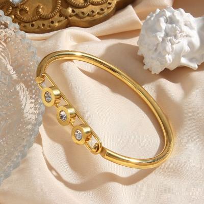 China Waterproof Tarnish Free Stainless Steel PVD Gold Plated Round CZ Stone Paved Cuff Bracelets Jewelry Women for sale