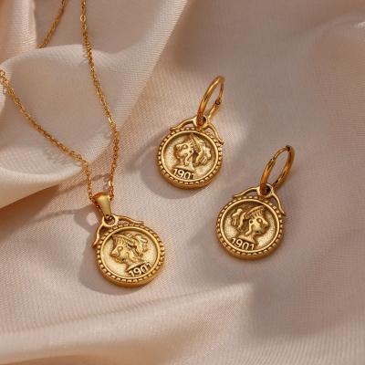 China FASHIONABLE Gold Plated 1901 Stainless Steel Number Portrait Coin Pendant Necklace for Women Earing and Necklace Set Jewelry for sale