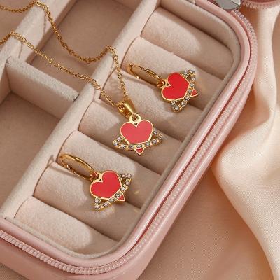 China TRENDY Enamel Heart Red Gold Plated Stainless Steel Pendant Necklace For Women Zircon Jewelry Set Necklaces And Earrings for sale