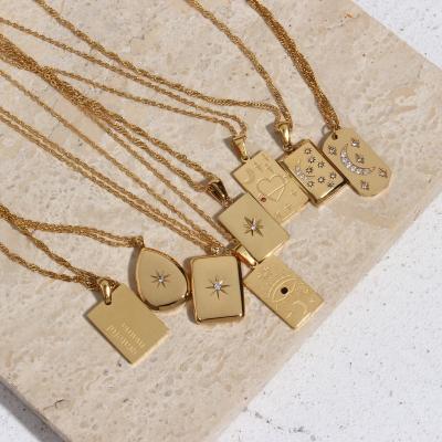 China Vintage Minimalist Engraved Moon Star Water Drop Square Letter Stainless Steel Gold Plated Zircon Pendant Necklace Set Women for sale