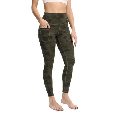 China Army Green Camouflage Anti-Static Print Swept Front Side Butt Side Pockets Yoga Women Nylon Workout Legging Feeling Gym Lifting Tights Pantyhose for sale