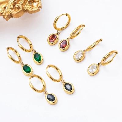 China FASHIONABLE 18K Stainless Steel CZ Huggies Colorful Oval Cubic Waterproof Gold Plated Delicacy Zircon Circle Earrings For Women for sale