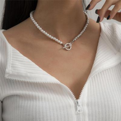 China 2021 TRENDY New In Baroque Pearl Chain Necklace Women Bead Necklace 18k Gold Plated Clasp Pearl Choker Toggle Necklaces for sale