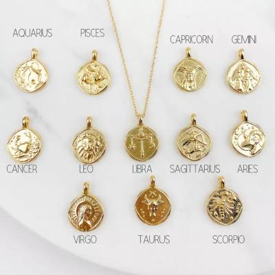 China TRENDY Personalized 12 Zodiac Sign Pendant Necklace Custom Gold Plated Vintage Jewelry Horoscope 18k Necklace Stainless Steel Coin for sale