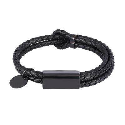 China Name Punk Custom Made Black Genuine Leather Braided Bracelet For Women Men Adjustable Length Stainless Steel Jewelry SP1065 for sale