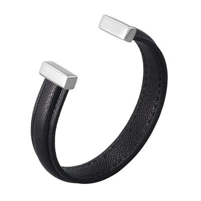 China CLASSIC Jewelry Open Cuff Bangle Men's Men's Bracelets Women's Black Genuine Leather Black Silver Bracelet SP0989H for sale