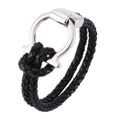 China Men's Punk Leather Trendy Jewelry Stainless Steel Buckle Chain Rope Charm Bracelet Unique Wrap Bracelet PW797 for sale