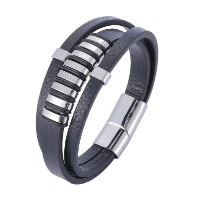 China Stainless Steel Magnet Clasp Multilayer Braided Leather Bracelet Men's Bangle Style Bracelet Male Jewelry SP1151 for sale