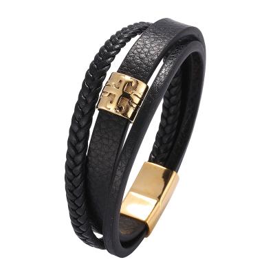 China Vintage Jewelry Multilayer Leather Bracelet For Men Stainless Steel Buckle Charm Gold Cross Magnetic Bracelets SP0672 for sale