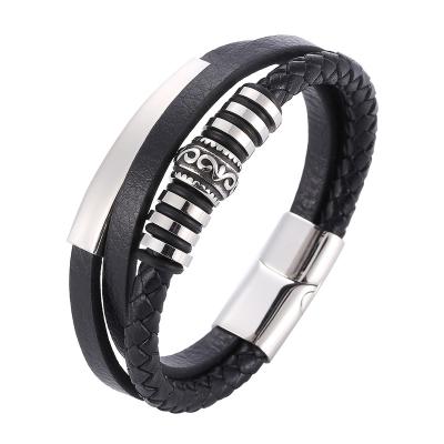 China New Stainless Steel Punk Black Multilayer Leather Bracelet For Men Magnetic Clasp Vintage Punk Male Braided Jewelry SP1086 for sale