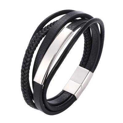 China Trendy Punk Stainless Steel Black Leather Bracelet For Men Charm Bracelet Male Multilayer Braided Bracelets Jewelry SP1077 for sale