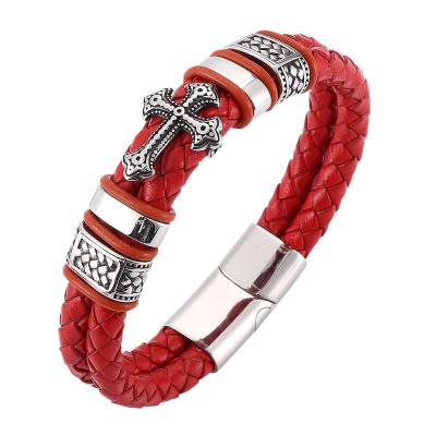 China Newest Vintage Red Double Braided Mens Leather Cross Jewelry Bracelet Stainless Steel Clasp Trendy Magnetic Bracelets SP0099 for sale