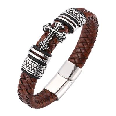 China Vintage Men's Jewelry Brown Braided Handmade Stainless Steel Leather Cross Magnetic Bangle Bracelets SP0061 for sale