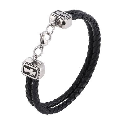 China Vintage Double Layer Black Braided Bracelet Men Stainless Steel Lobster Clasp Leather Cross Bracelet For Women Jewelry SP1090 for sale