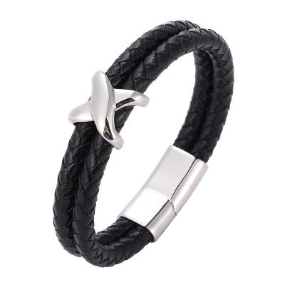 China Stainless Steel Trendy Cross Leather Bracelets Double Layer Bangle Vintage Mens Magnetic Clasp For Friend Jewelry Gifts SP1072 for sale