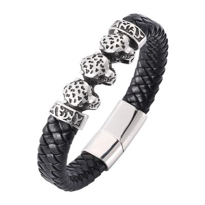 China Leopard Punk Braided Leather Magnetic Animal Bangle Buckle Stainless Steel Bracelet Jewelry Male Bracelet PW791 for sale