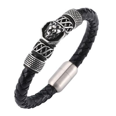 China Vintage Masculine Black Braided Lion Leather Magnetic Clasp Vintage Punk Bracelet SP0077 Bracelet Men Stainless Steel for sale