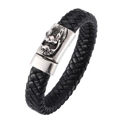 China Punk Men Black Braided Leather Bracelet Bossy Dragon Pattern Stainless Steel Magnetic Clasp Male Wrist Band SP0260 for sale