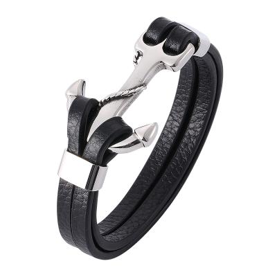 China New Fashion Men's Jewelry Anchor Bracelet Leather Bracelet Stainless Steel Buckle Hand Chain Punk Leather Wrap PW774 for sale