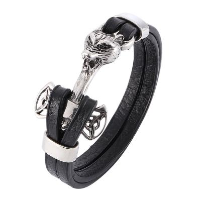 China Stainless Steel Wolf Head Bracelet Wrap Trendy Jewelry Black Leather Bracelet Bangles For Man Vintage Bangle PW780 for sale