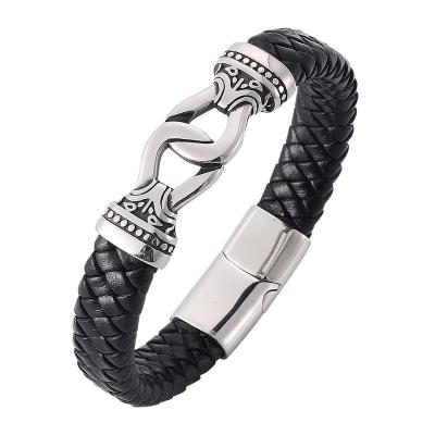 China Black Braided Leather Magnetic Bracelets PW806 Fashion Stainless Steel Buckle Bangle Men's Fashion Punk Jewelry Bangle for sale