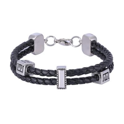 China CLASSIC Black Double Braided Charm Leather Bracelet Stainless Steel Men Women Handmade Rope Bracelet Couple SP1157 for sale