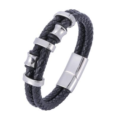 China CLASSIC Black Braided Leather Stainless Steel Men's Double Combination Bracelet Hip Hop Boyfriend Punk Gift SP1168 for sale