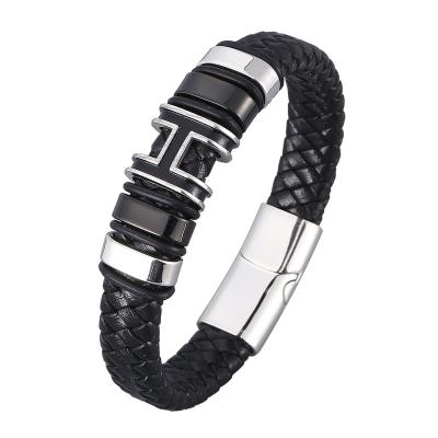 China Punk Braided Genuine Leather Bracelet For Men Stainless Steel Magnet Clasp H Charm Woven Trendy Male Bracelet Jewelry SP0977 for sale