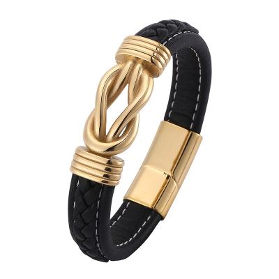 China Fashion Punk Luxury Irregular Graphic Mens Bracelet Stainless Steel Leather Combination For Birthday Party Gifts SP0765 for sale