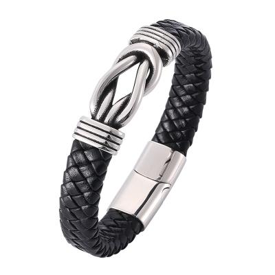 China Punk Leather Bracelets For Male Stainless Steel Braided Clasp Bracelet Men's Bracelet Fashion Jewelry Gifts PW803 for sale