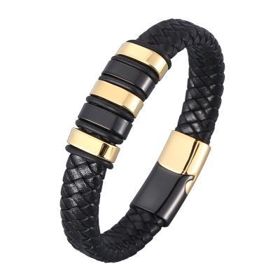 China New punk style black gold CLASSIC genuine leather bracelet for men jewelry steel magnetic button birthday gift male SP0980 for sale